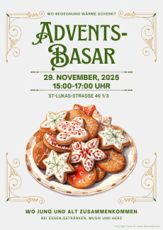 Überschift Adventsbasar von 15:00-17:00Uhr am 29. November in St. Lukas. Darunter sind Plätzchen abgebildet