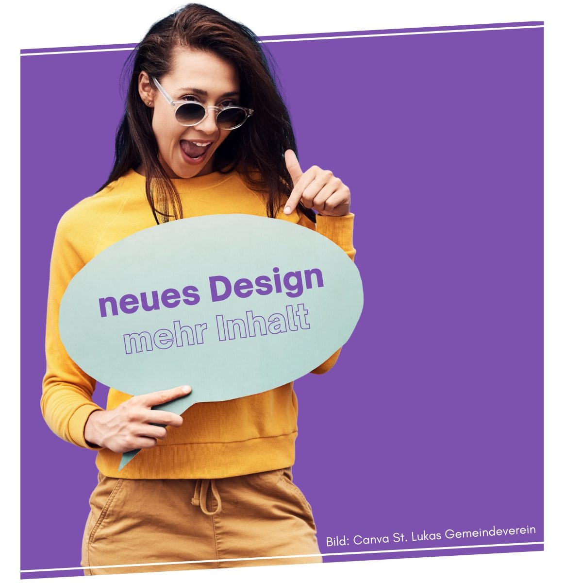 Junge Frau mit Sprechblase, die „neues Design“ zeigt, auf lila Hintergrund.